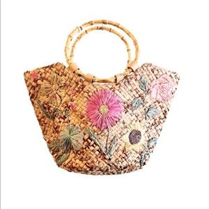 Woven Wicker Straw Basket Bag Floral Embroidery